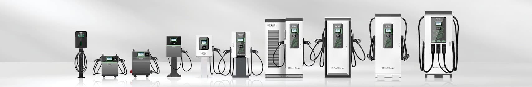 Linha completa de carregadores Afax Power — AC Wallbox, DC portátil e estações de recarga rápida