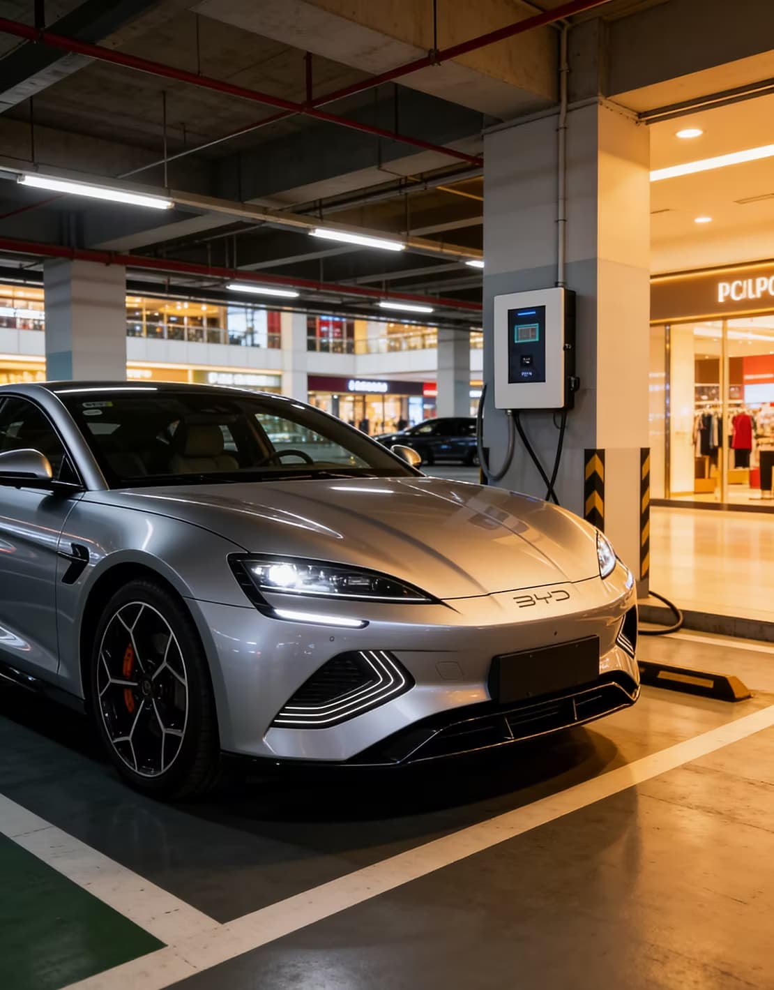BYD carregando em estacionamento de shopping com carregador Afax Power